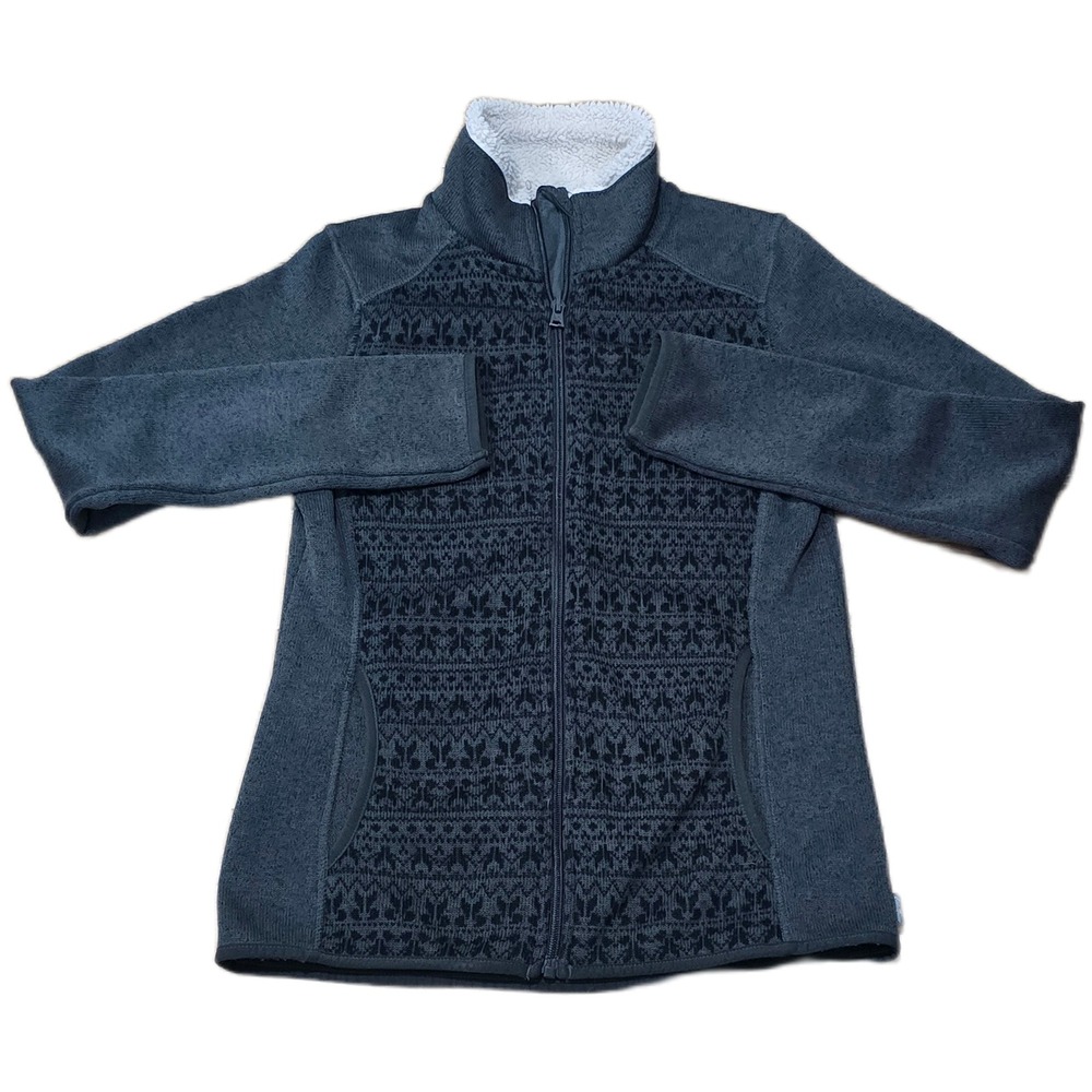 Eddie Bauer Womens XS Full Zip Fleece Jacket Fair Isle Sherpa‎ Collar Grey